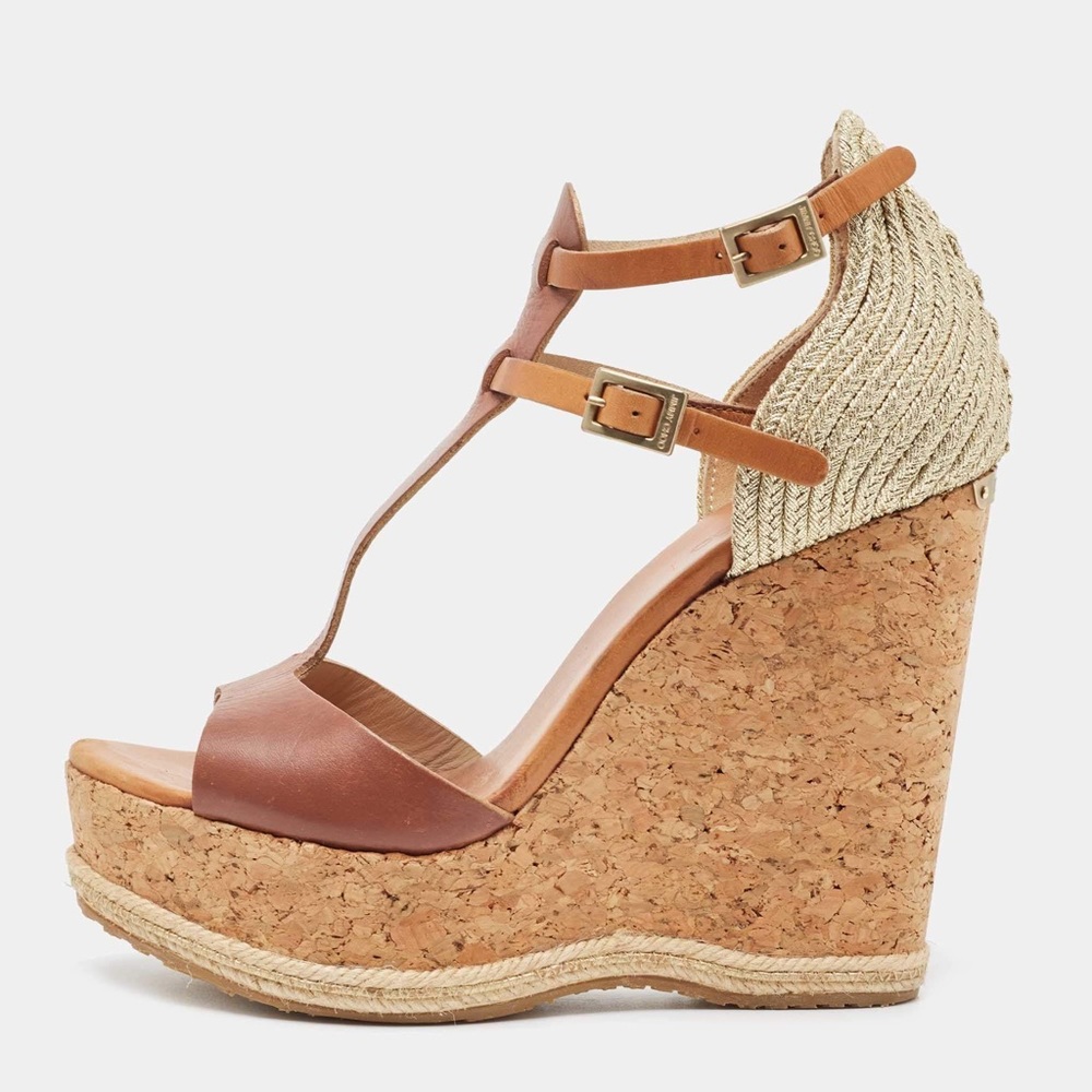 Jimmy Choo | 36 1/2 |  Brown Leather and Cork Preya Wedge Sandals